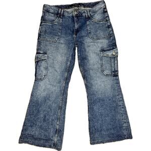 Aeropostale Women’s Mid Rise Flare‎ Cargo Jeans Blue Denim Wide Leg Pants 14 Hem
